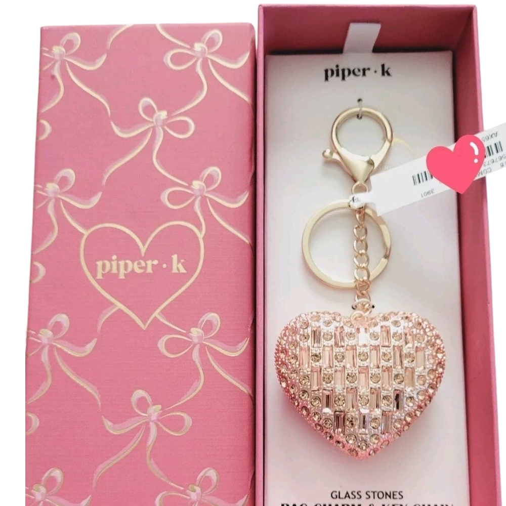 Piper K Blush Pink Gold Glass Stone Large Heart Bag Charm Keychain